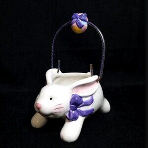 Ceramic Painted Glazed Galerie Brand White Easter Rabbit Shaped Basket W Egg